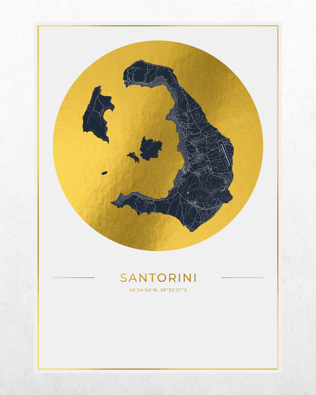 A minimalist travel poster of Santorini, Greece, featuring a dark navy blue map silhouette of the island set against a textured gold circular background, with coordinates and the name 'SANTORINI' printed below on a white card with a gold border.