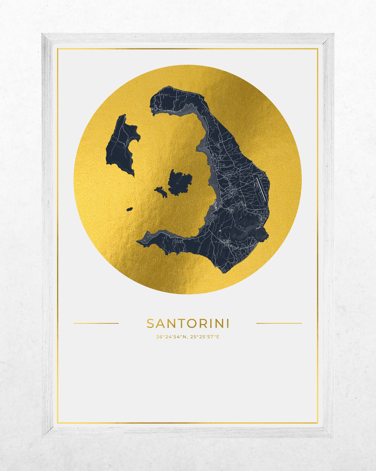 Framed minimalist art print of Santorini, featuring a dark navy blue map of the island set against a large textured gold circle, with the text 'SANTORINI' and coordinates below, in a white frame.