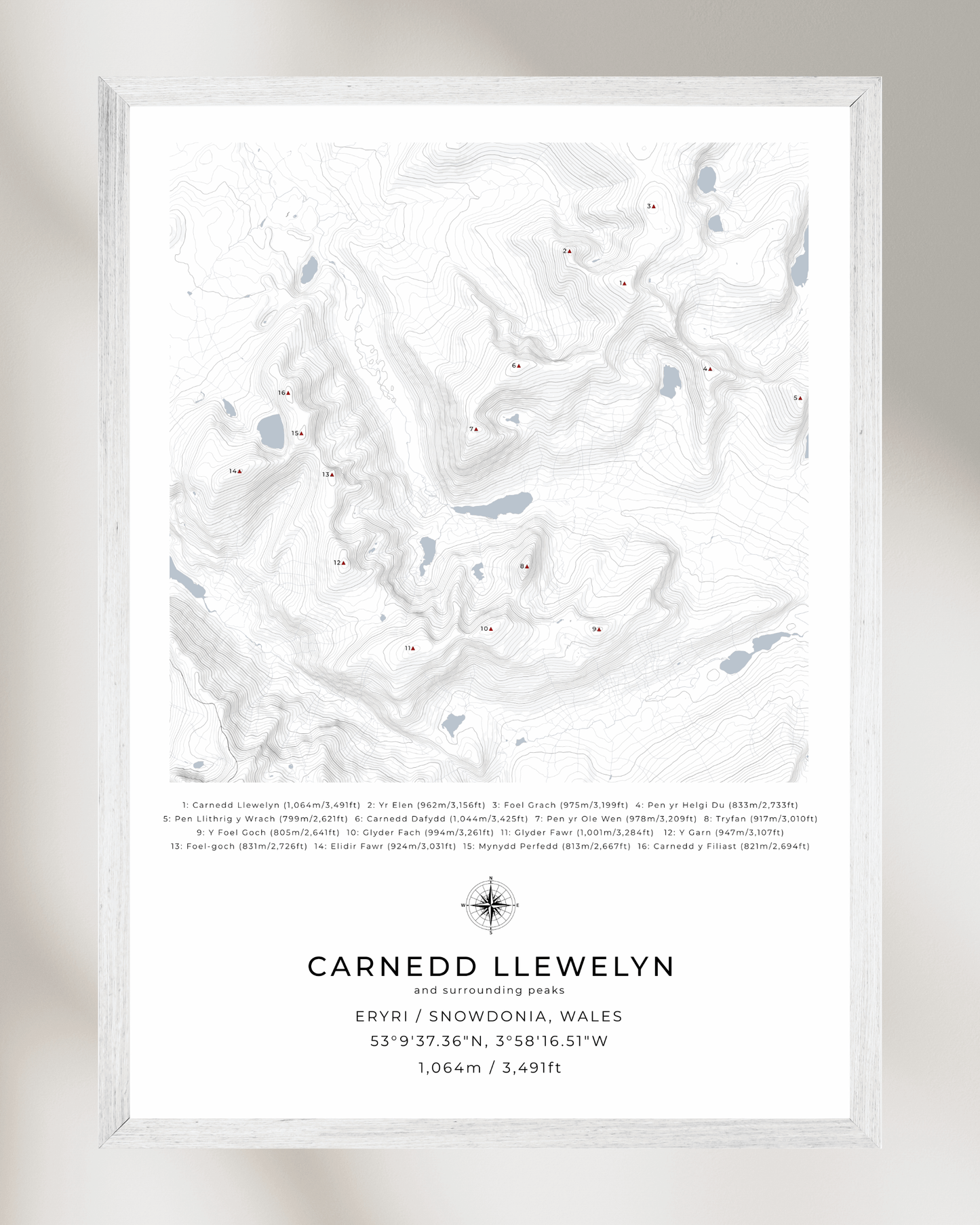 Carnedd Llewelyn & Surrounding peaks - Contour Map Print Poster