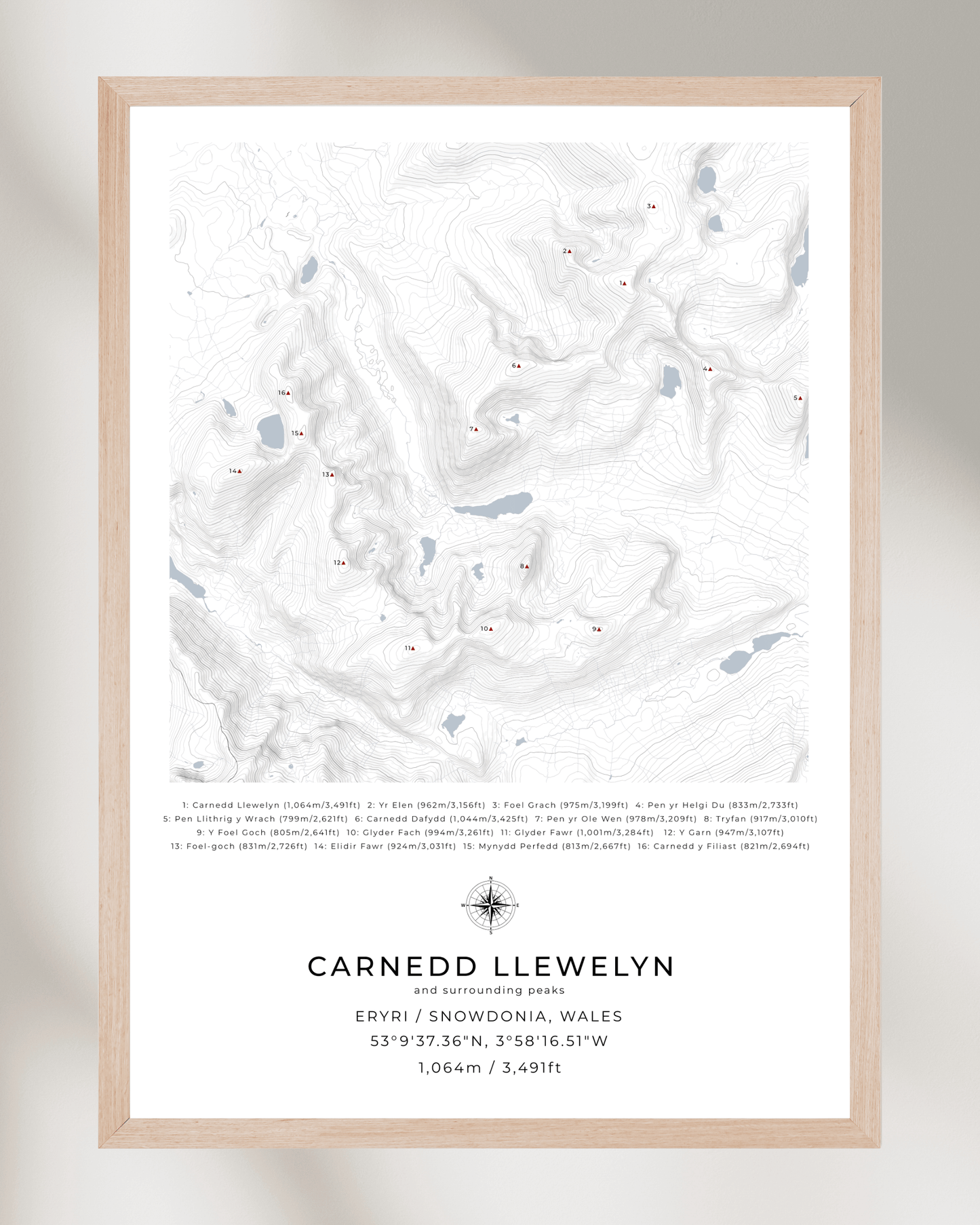 Carnedd Llewelyn & Surrounding peaks - Contour Map Print Poster