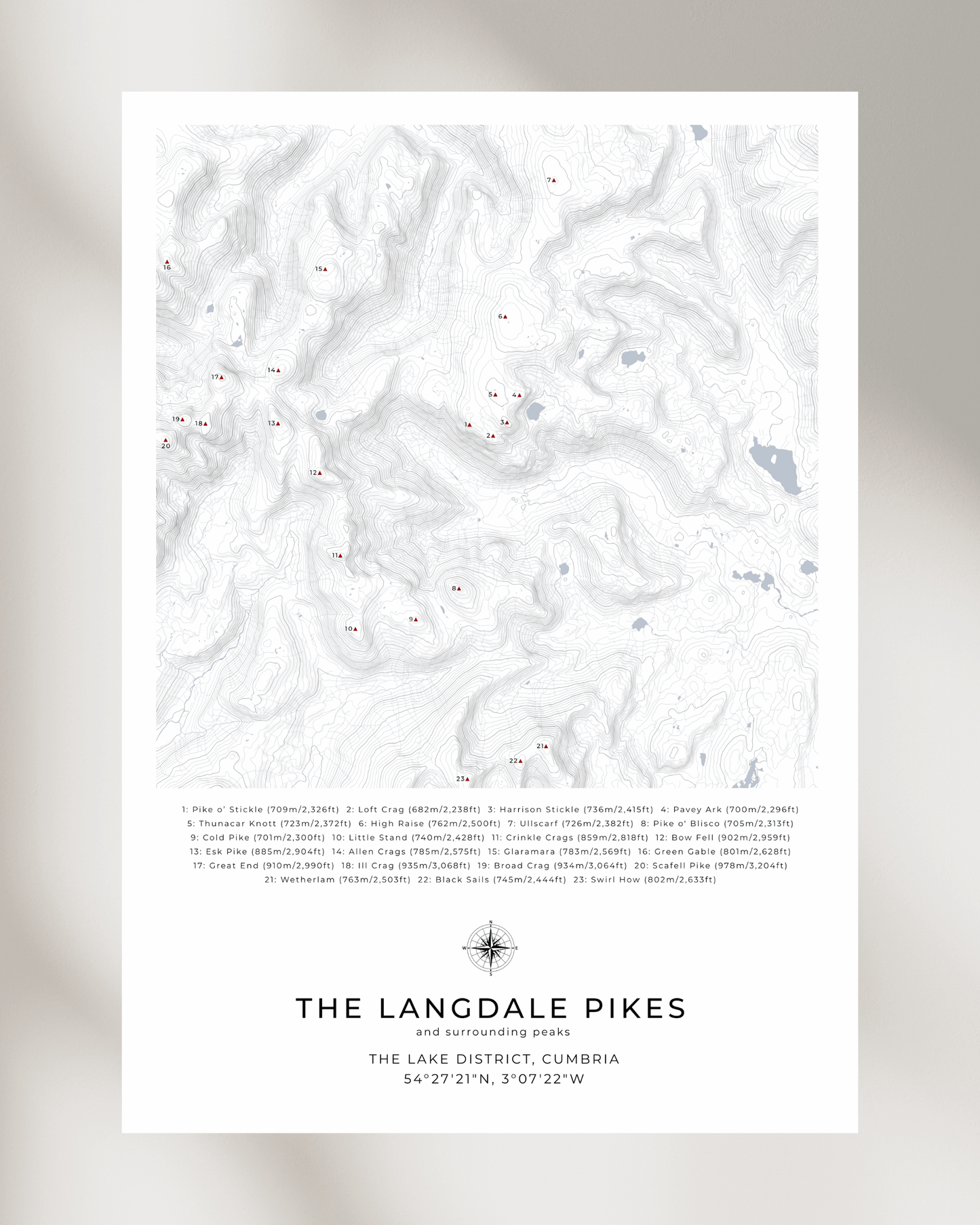 The Langdale Pikes & Surrounding peaks - Contour Map