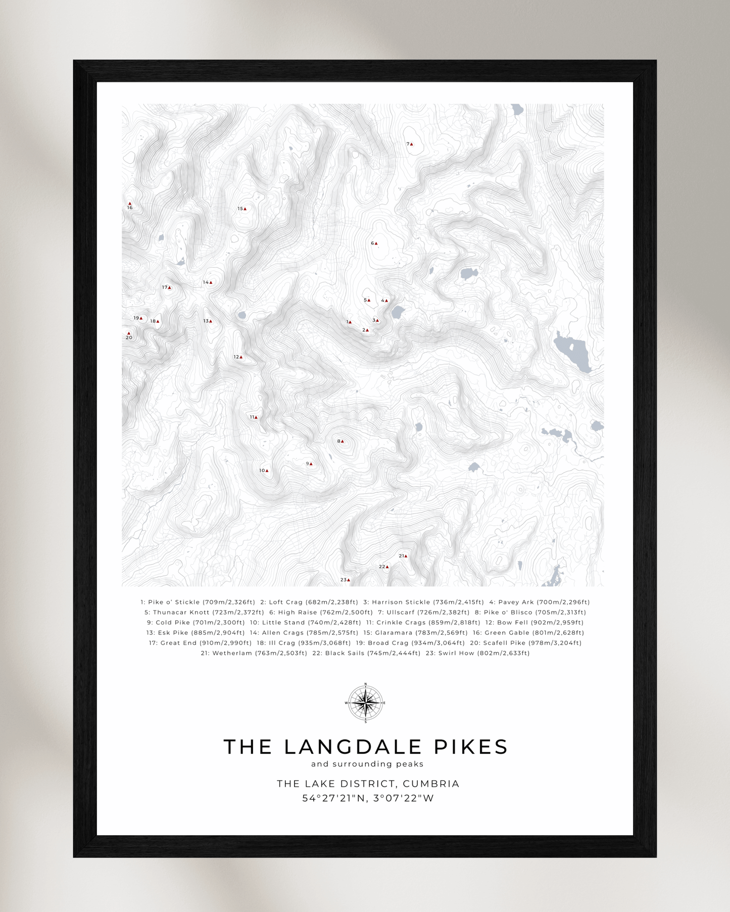 The Langdale Pikes & Surrounding peaks - Contour Map