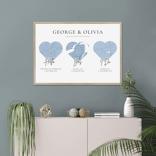 Met - Engaged - Married - personalised map print