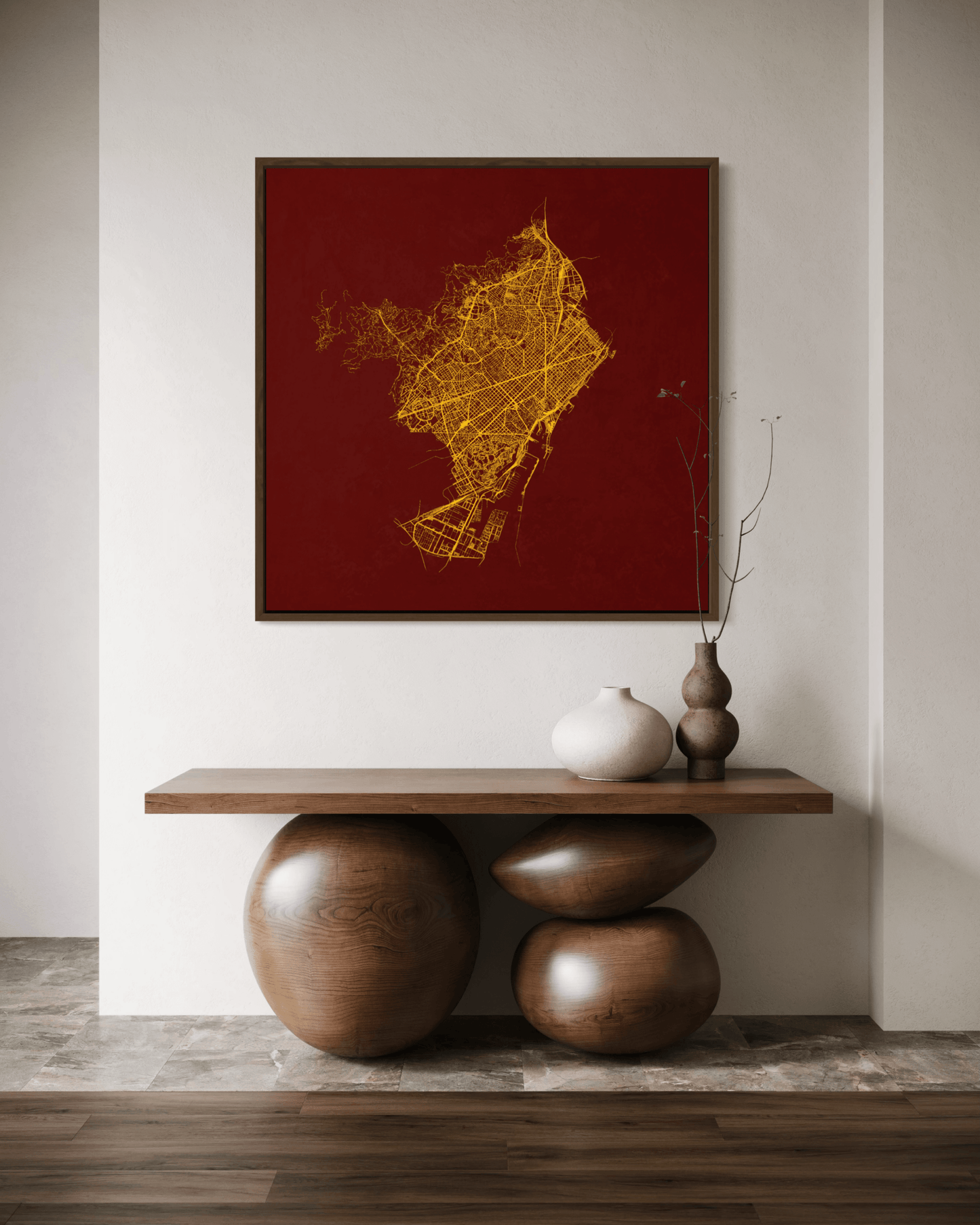 Minimalist Street Map of Barcelona - Framed Canvas