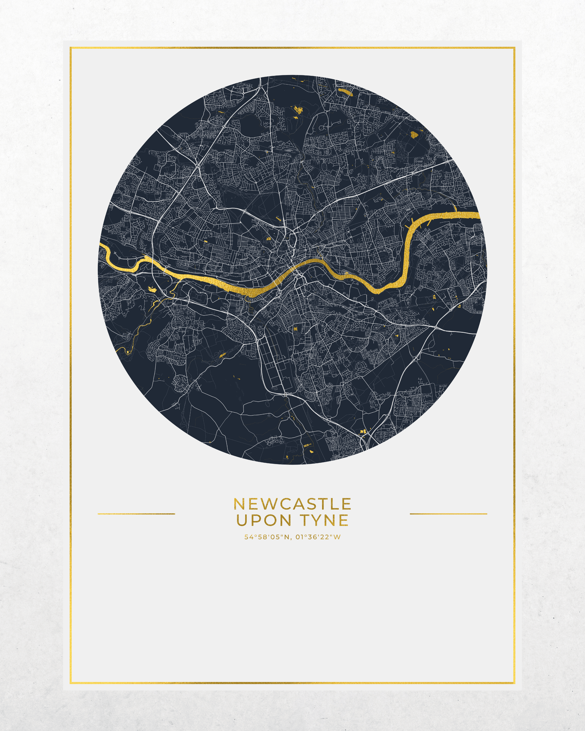 Newcastle upon Tyne gold foil map on a white background