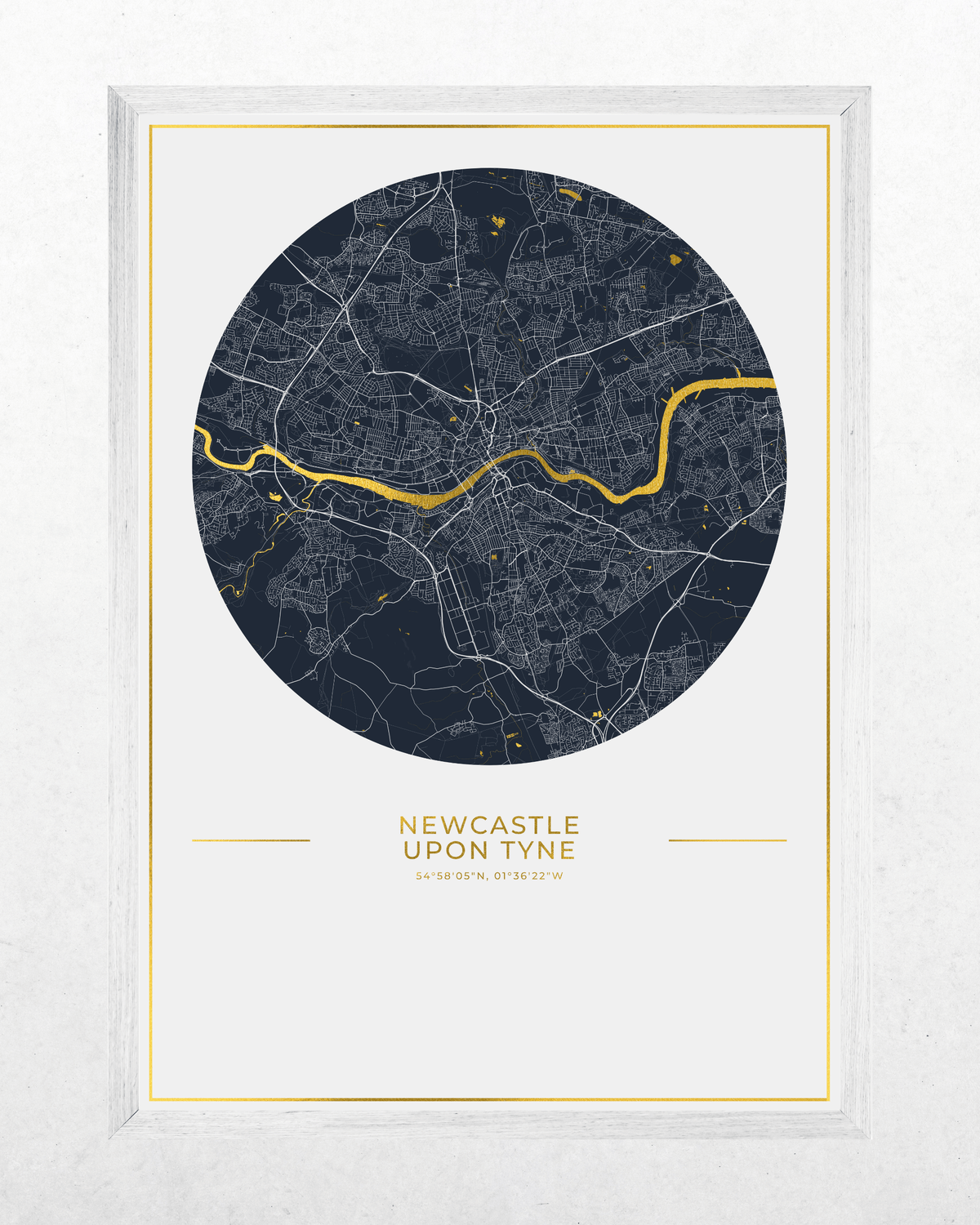Newcastle upon Tyne gold foil map in a white wood frame.