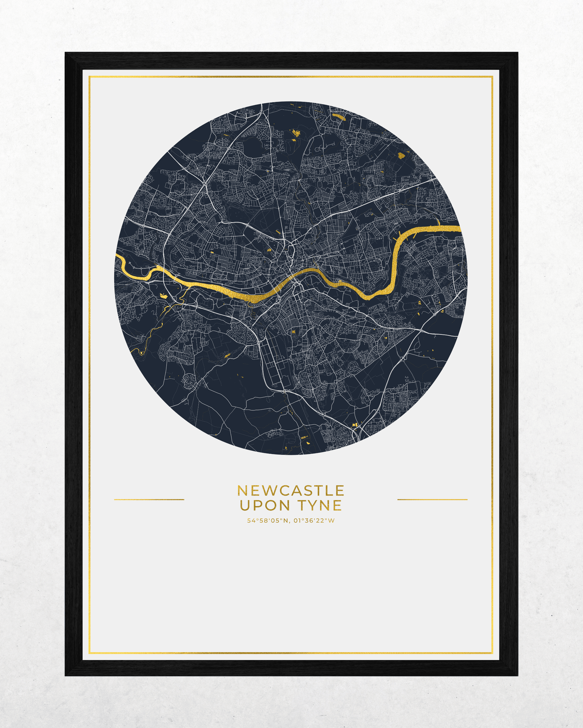 Newcastle upon Tyne gold foil map in a black frame.