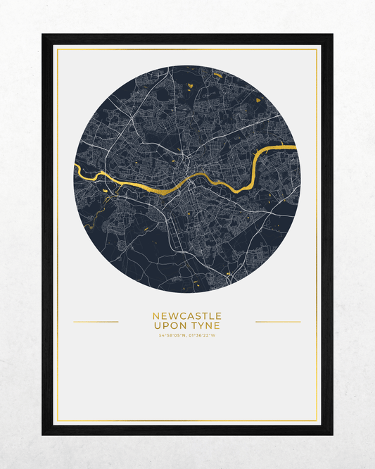 Newcastle upon Tyne gold foil map in a black frame.