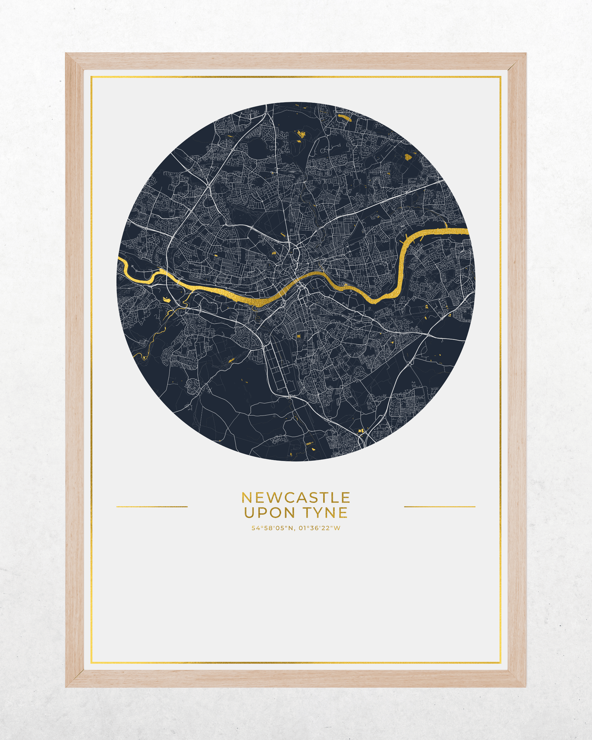 Newcastle upon Tyne gold foil map in a natural wood frame.