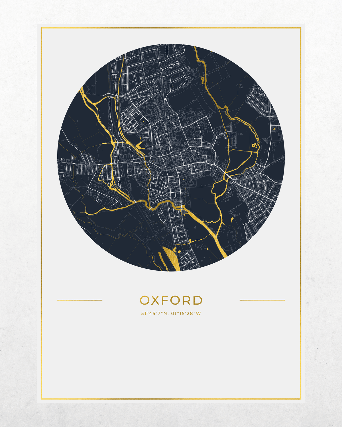 A minimalist circular map art print of Oxford, featuring a dark navy blue map with gold rivers and a gold border, on a textured off-white background.