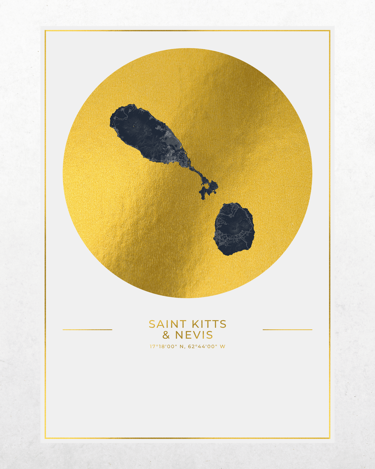 A minimalist art print poster featuring a textured gold circle with a map of Saint Kitts & Nevis on a white background, framed by a thin gold border. Below the circle, the text reads 'SAINT KITTS & NEVIS' with coordinates underneath.