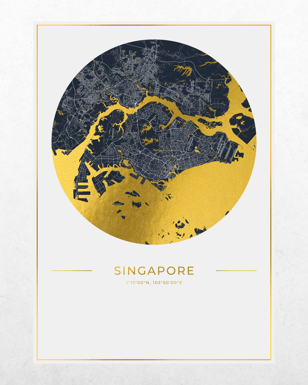 A minimalist Singapore city map art print featuring a circular gold and navy map design with coordinates and the word 'SINGAPORE' below, centered on a light textured background.