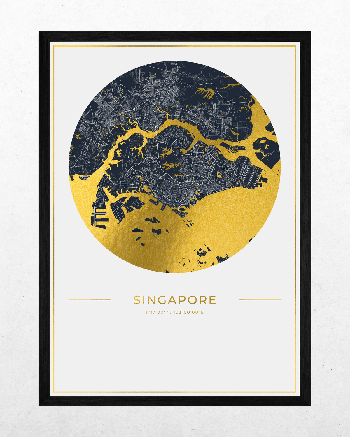 A framed Singapore city map art print featuring a circular map design in navy blue and metallic gold, with the word 'SINGAPORE' and coordinates printed below, shown against a light textured background.