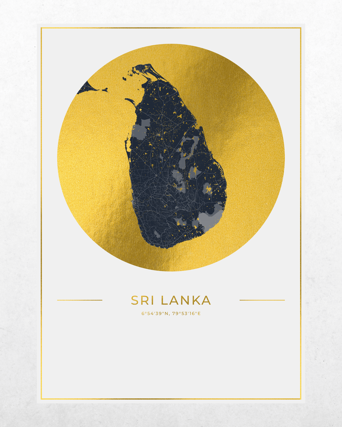 A minimalist art print of Sri Lanka featuring a dark navy blue silhouette map of the island set against a textured gold circular background, with the country name and coordinates printed below on a white card with a thin gold border.