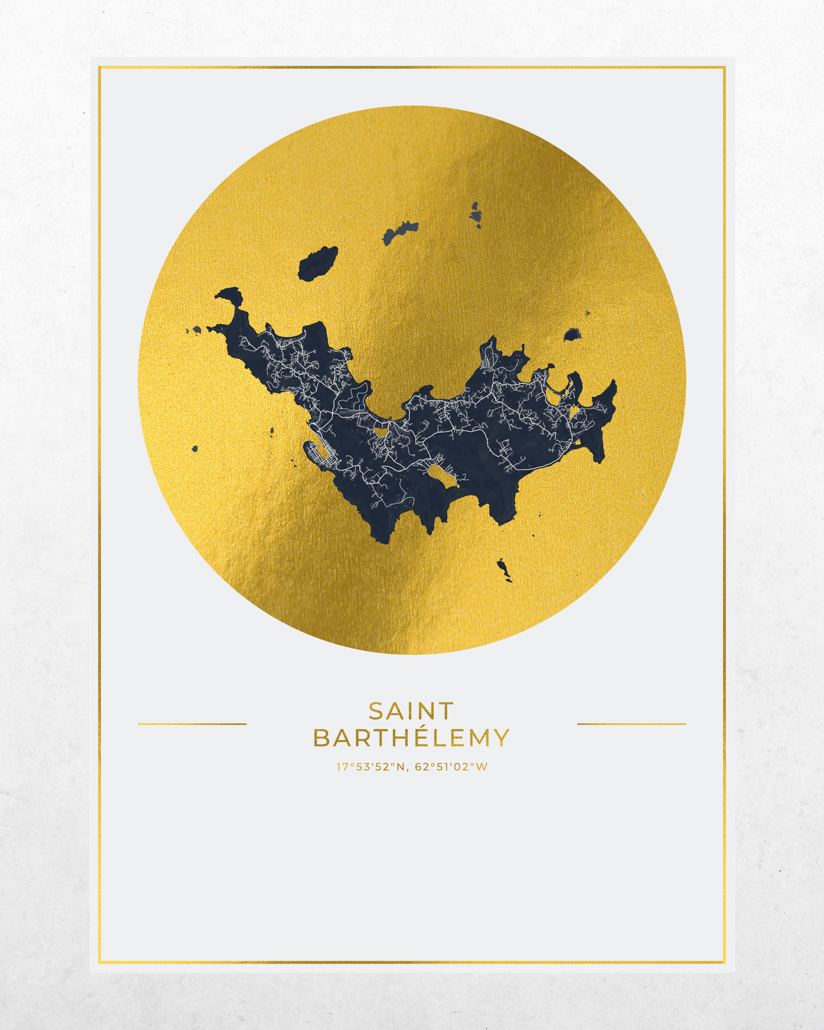 A minimalist travel art print of Saint Barthelemy, featuring a dark navy blue map silhouette inside a large textured gold circle, framed by a thin gold border on a white background.