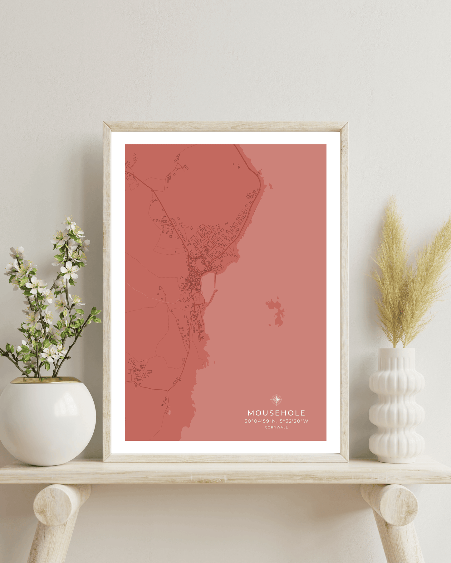 Coastal Map of Mousehole - Muted Coral
