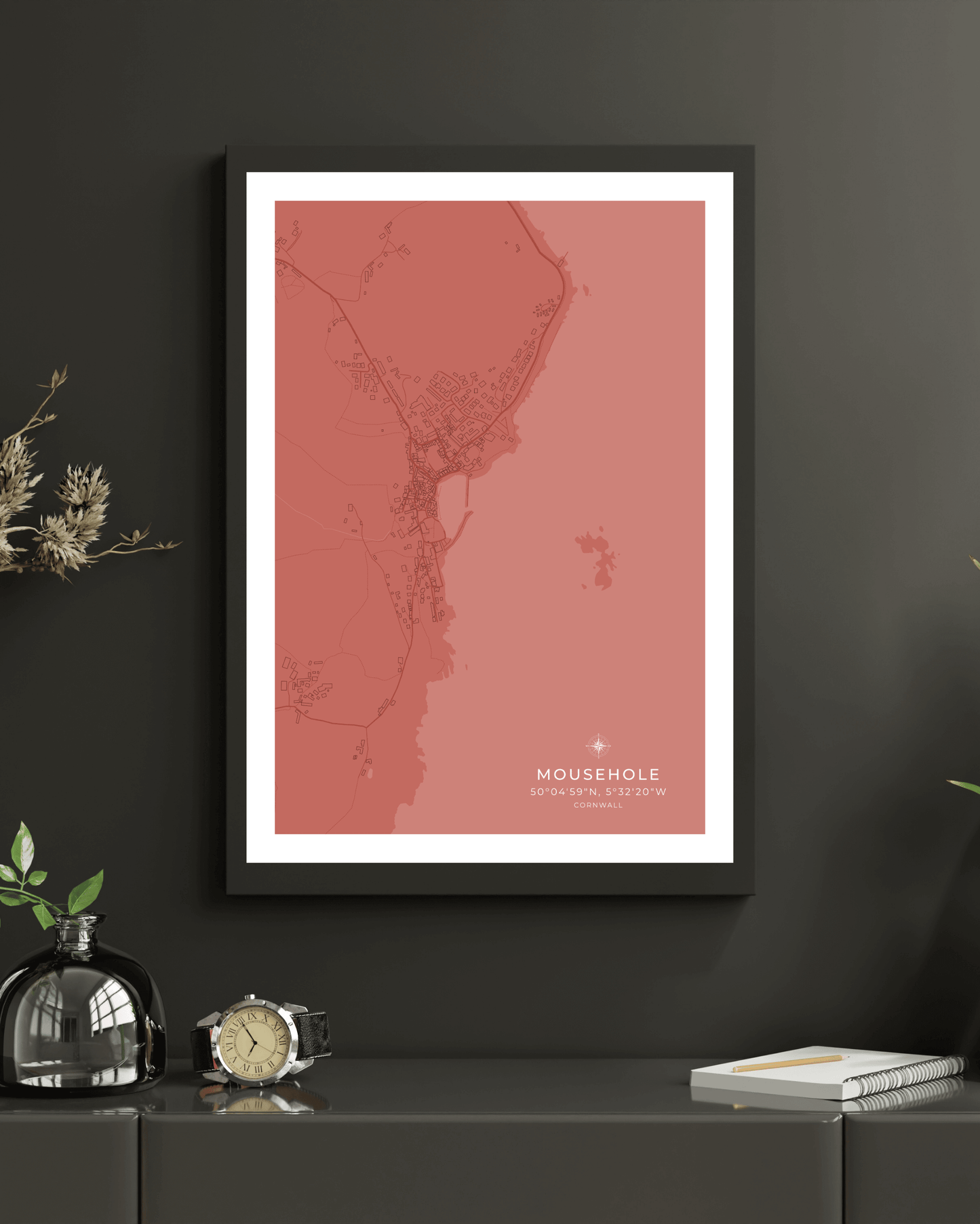 Coastal Map of Mousehole - Muted Coral
