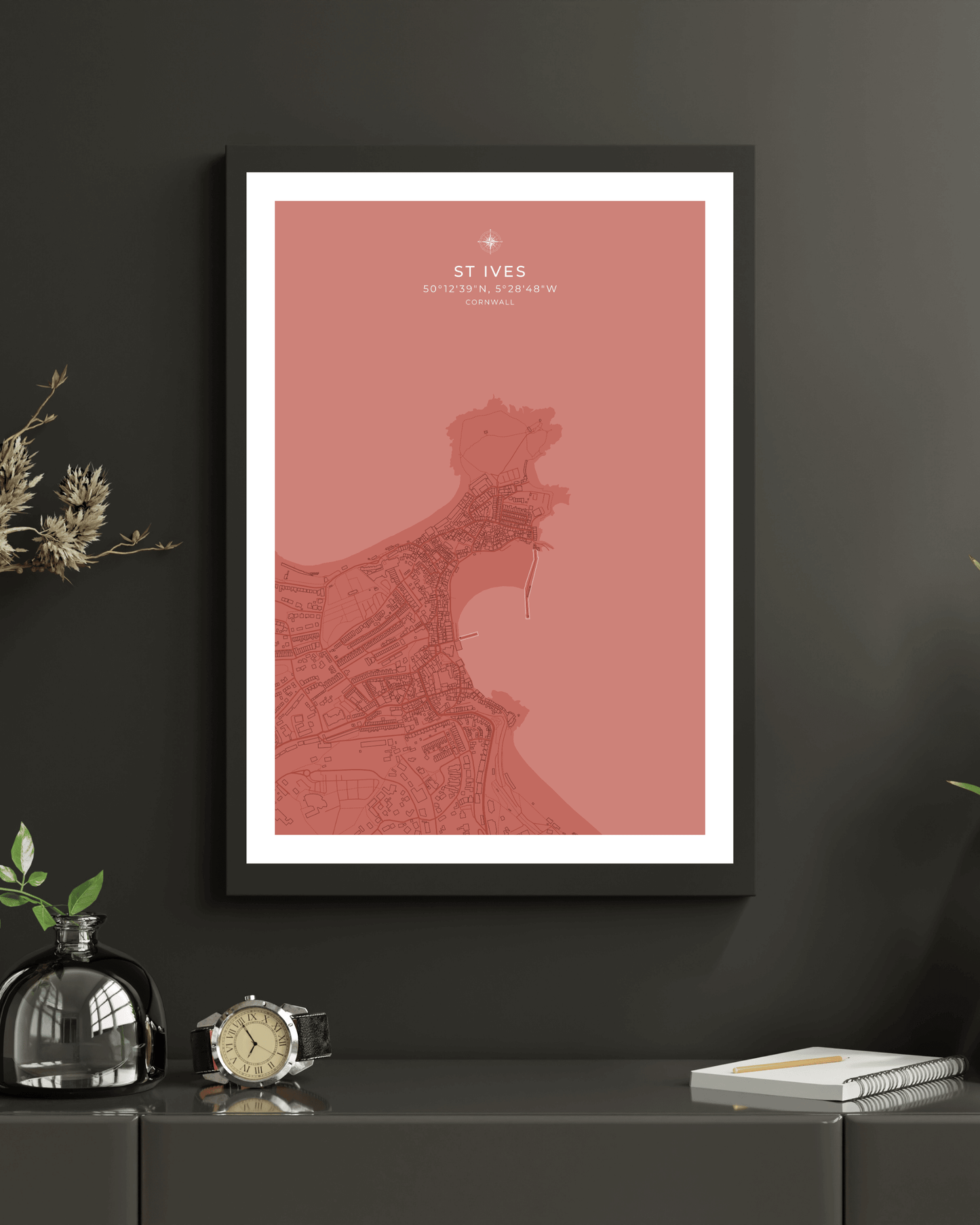 Coastal Map of St Ives - Muted Coral
