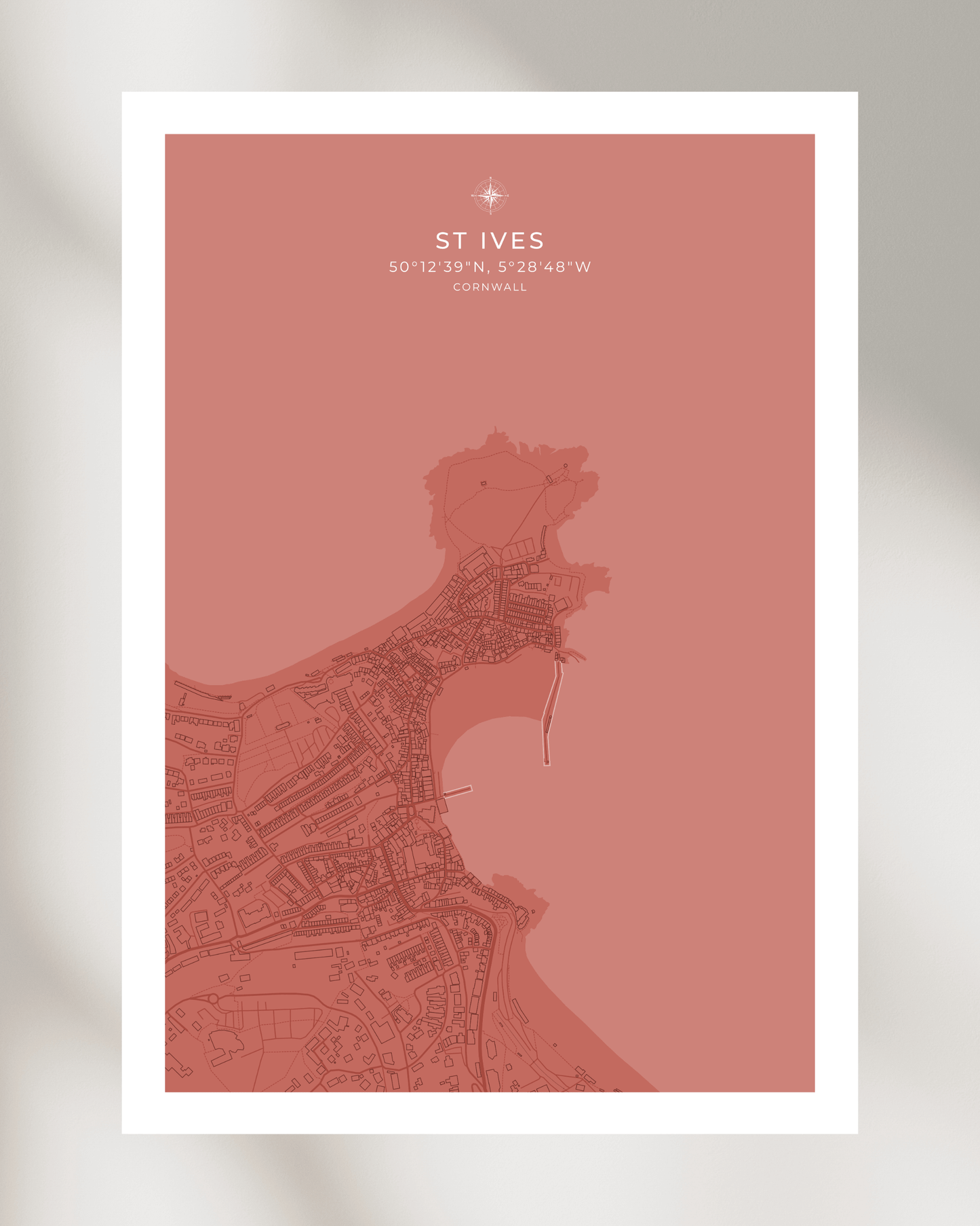 Coastal Map of St Ives - Muted Coral