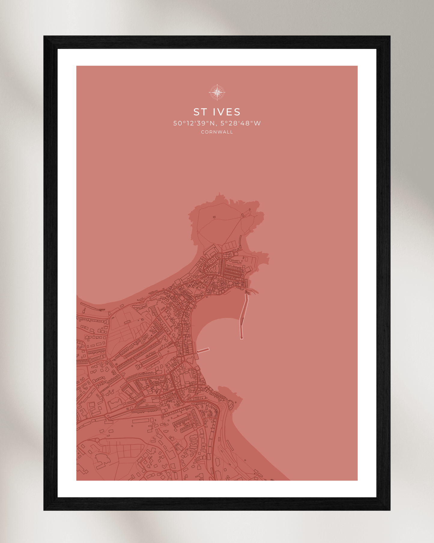 Coastal Map of St Ives - Muted Coral