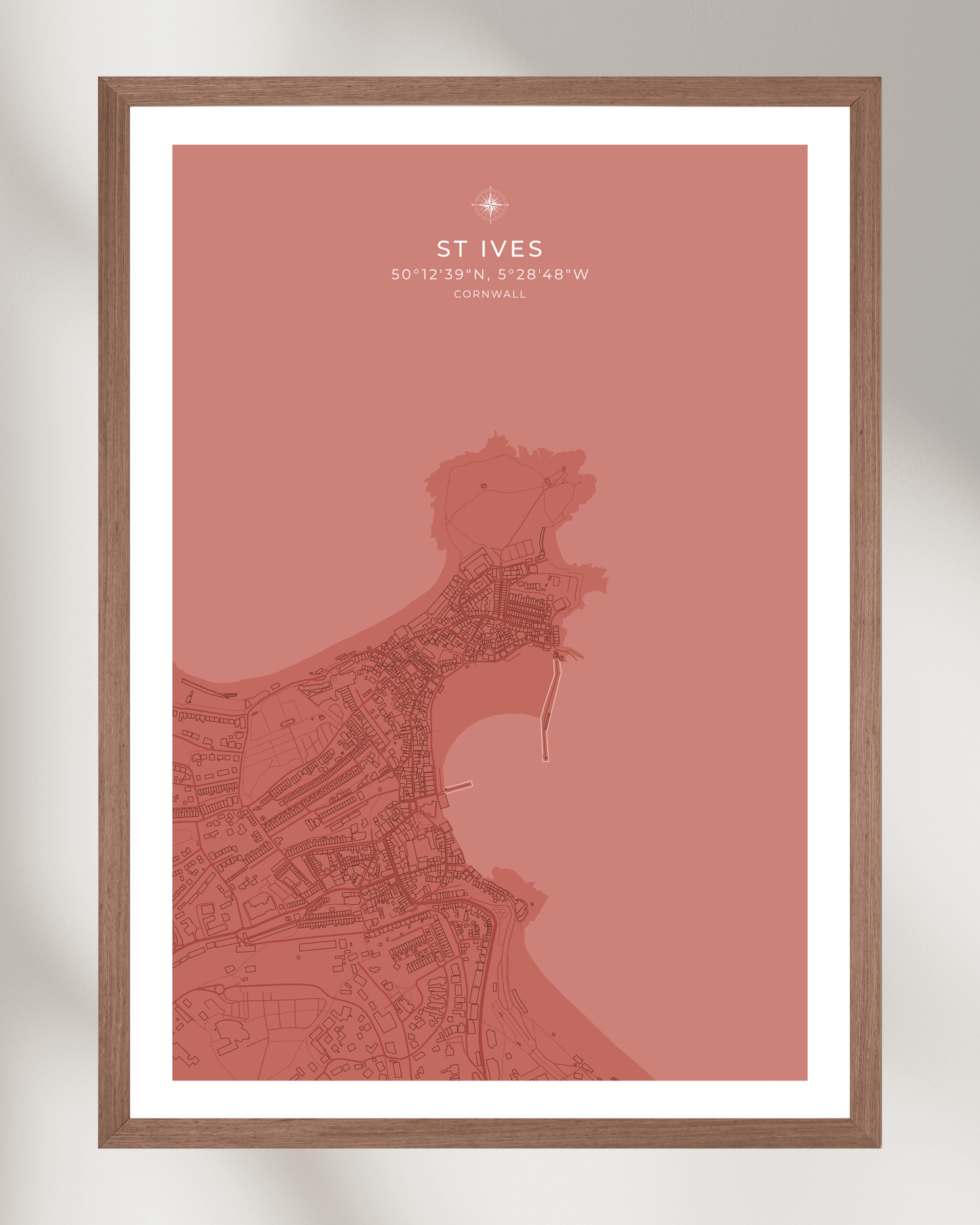 Coastal Map of St Ives - Muted Coral