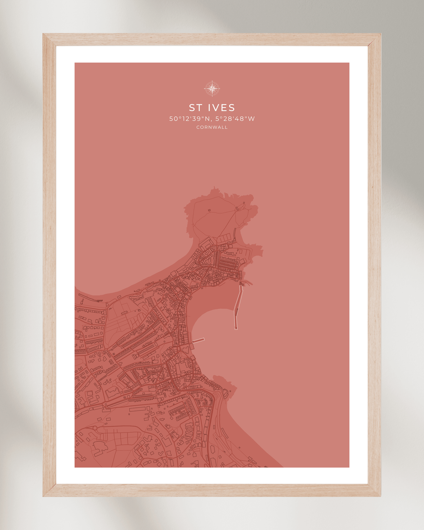 Coastal Map of St Ives - Muted Coral