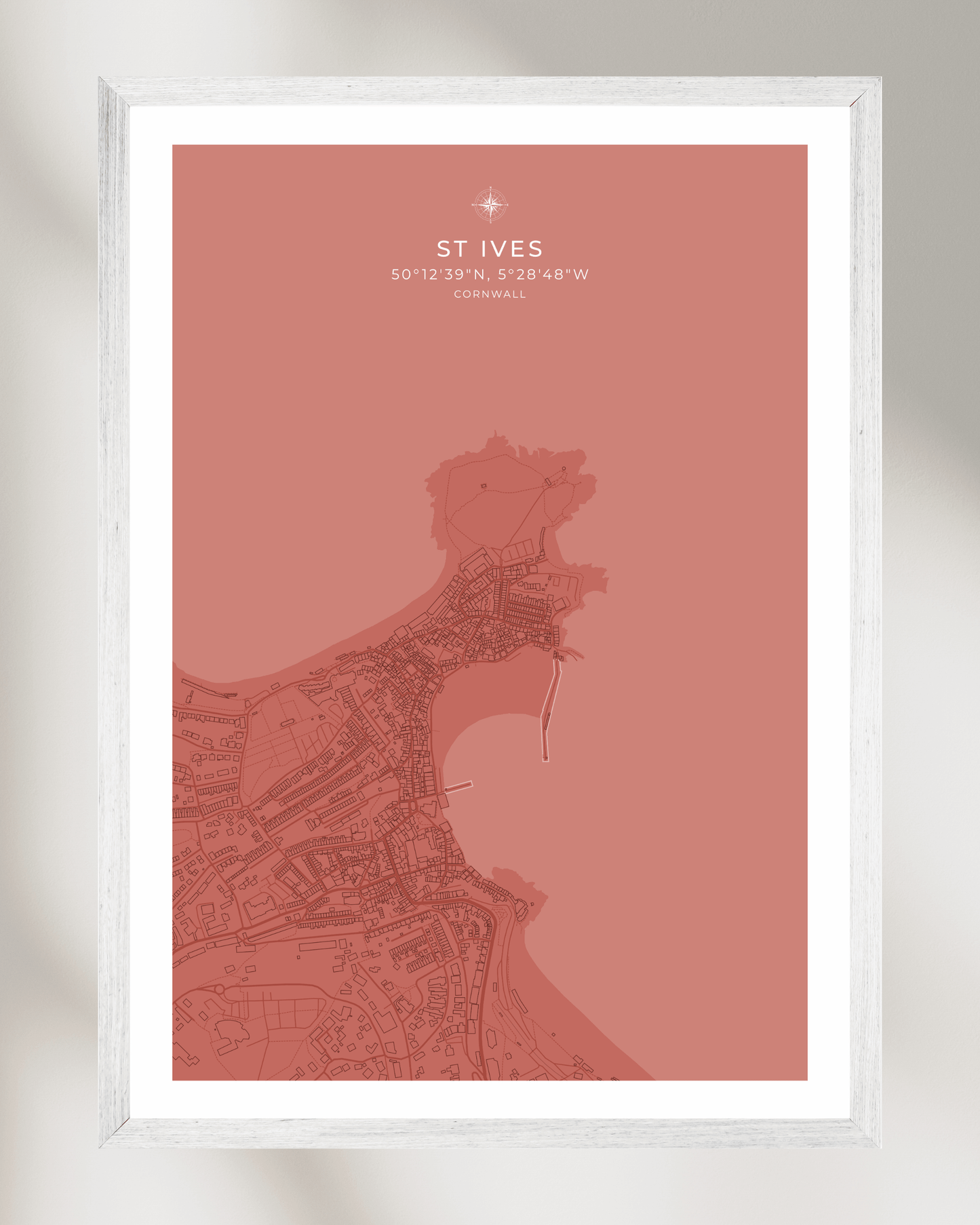Coastal Map of St Ives - Muted Coral