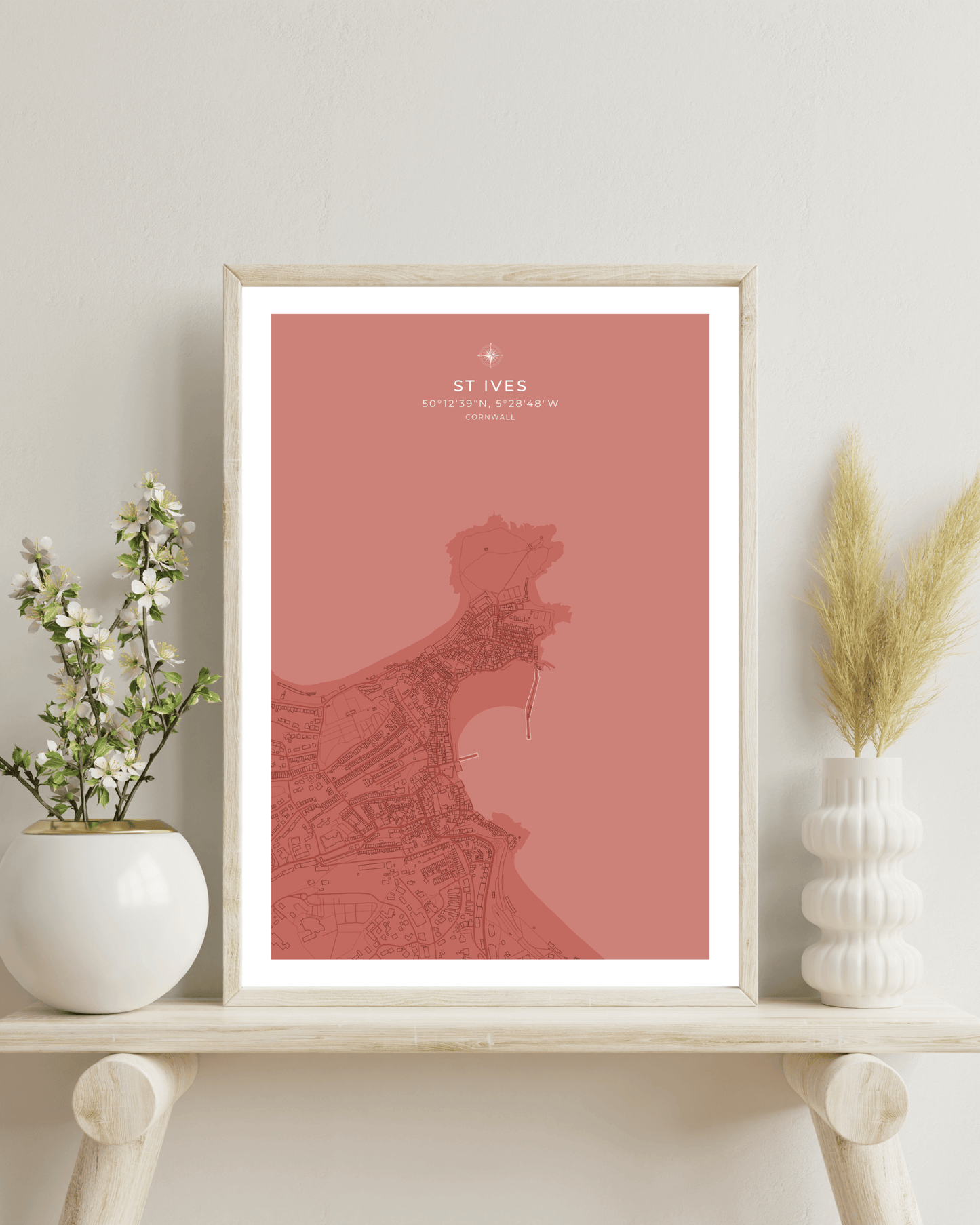 Coastal Map of St Ives - Muted Coral