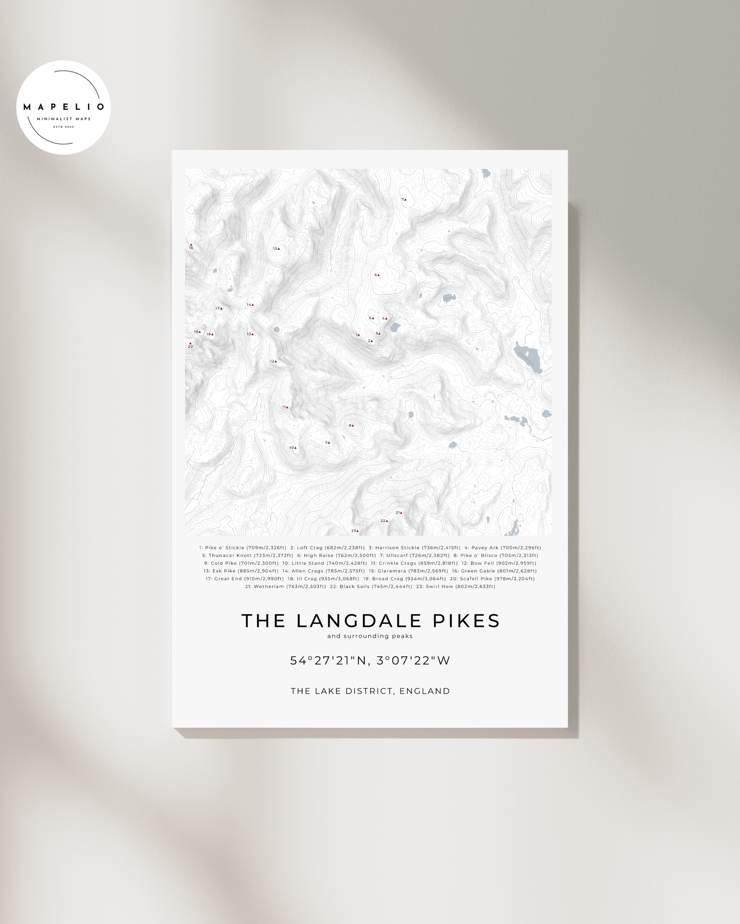 The Langdale Pikes & Surrounding peaks - Contour Map