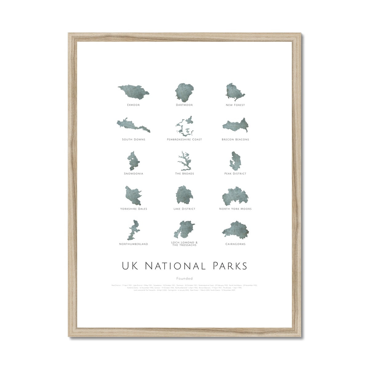 UK National Parks Map Poster wooden frame